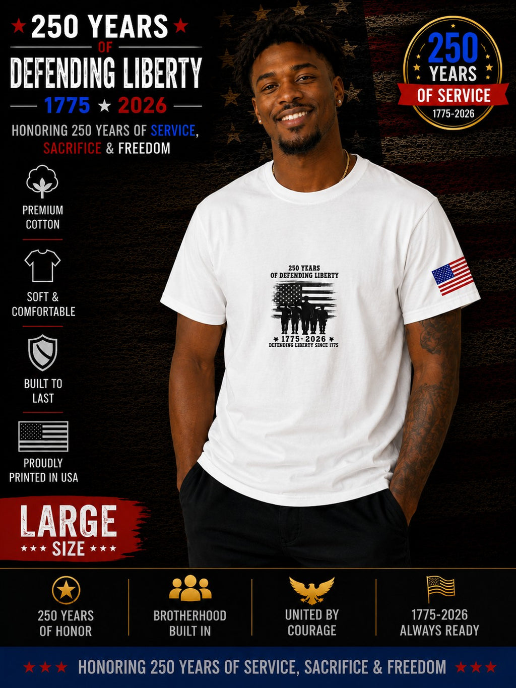 250th Anniversary Patriotic T - Defending Liberty Black & White