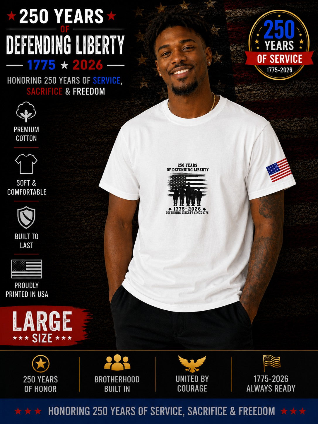 250th Anniversary Patriotic T - Defending Liberty Black & White